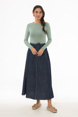 Blue Stitched Denim Flare Maxi Skirt