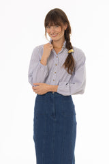 Blue Stripe Ruffle Collar Blouse