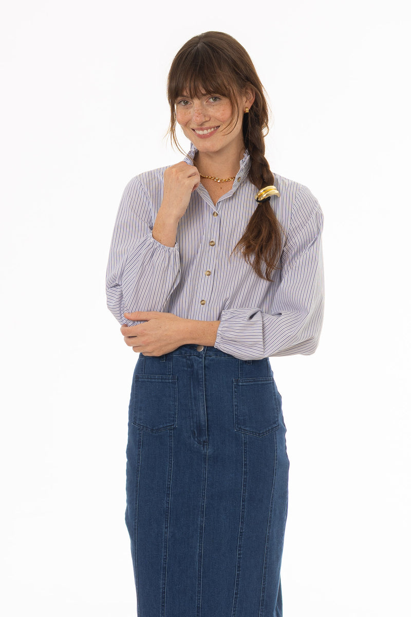 Blue Stripe Ruffle Collar Blouse – BLANK