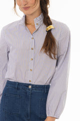 Blue Stripe Ruffle Collar Blouse