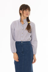 Blue Stripe Ruffle Collar Blouse