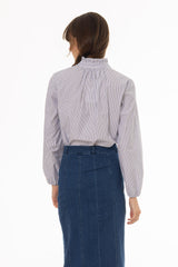 Blue Stripe Ruffle Collar Blouse