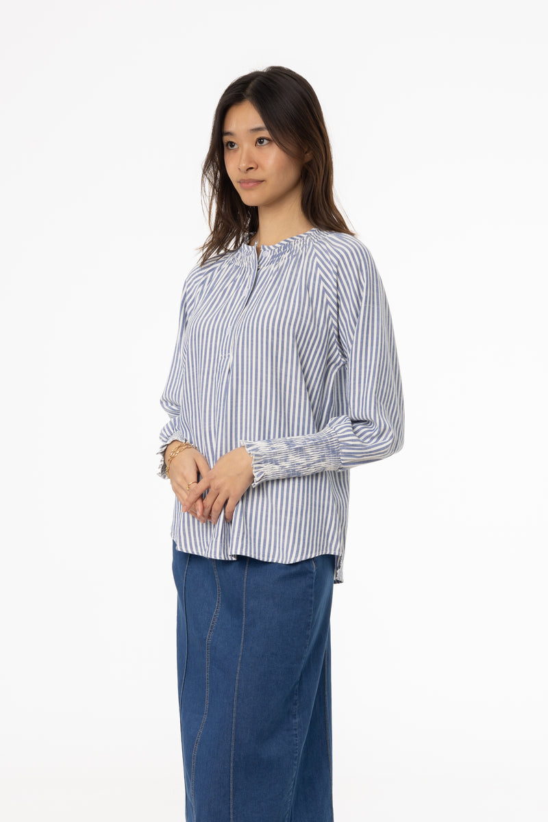 Blue Striped Smocked Raglan Sleeve Shirt