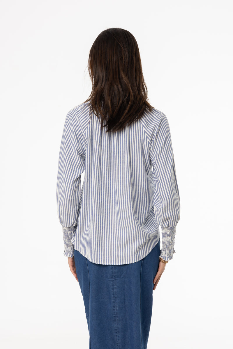 Blue Striped Smocked Raglan Sleeve Shirt