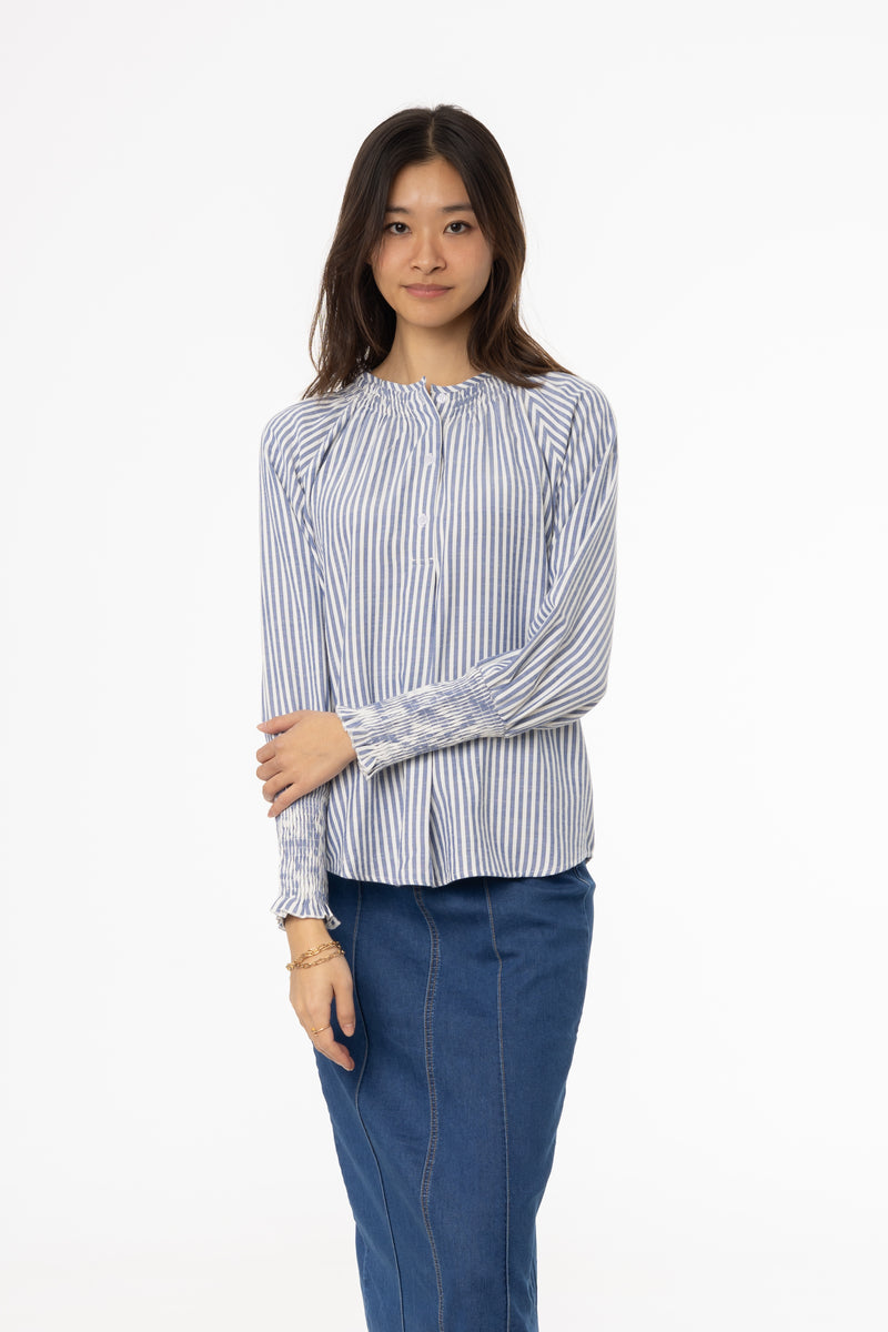 Blue Striped Smocked Raglan Sleeve Shirt