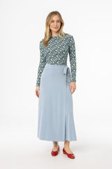 Blue Wash Stretch Wrap Maxi Skirt
