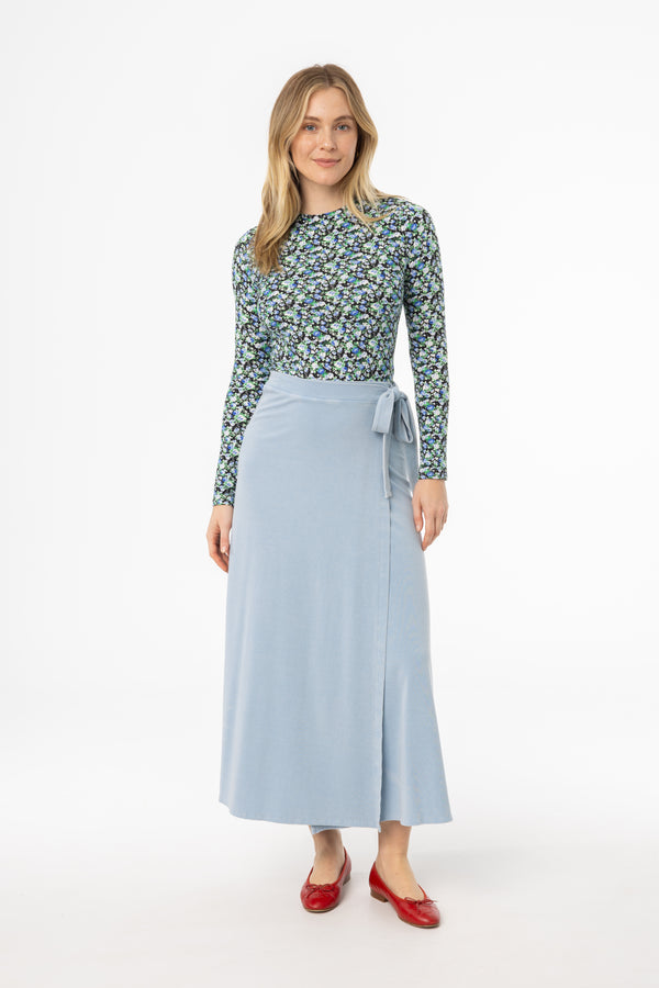Blue Wash Stretch Wrap Maxi Skirt
