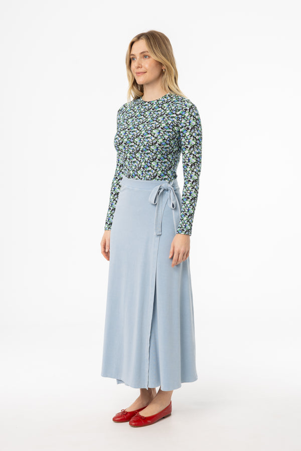 Blue Wash Stretch Wrap Maxi Skirt