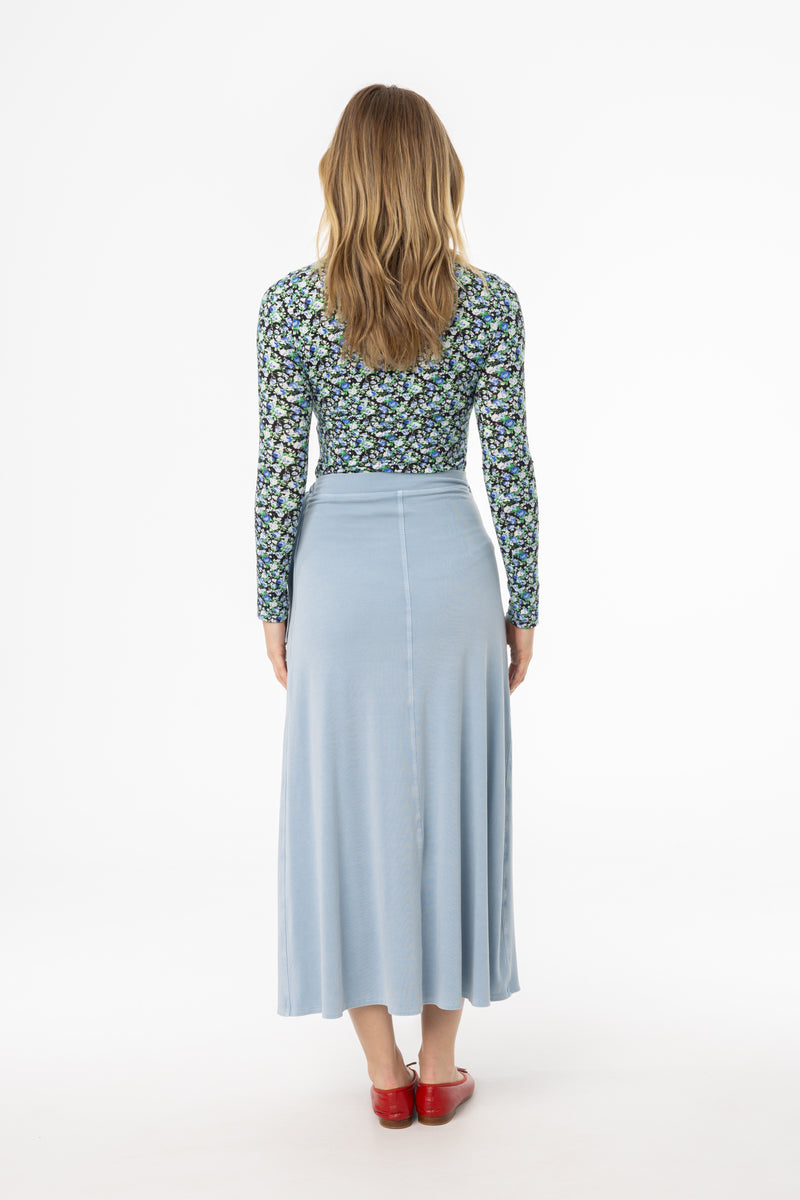Blue Wash Stretch Wrap Maxi Skirt