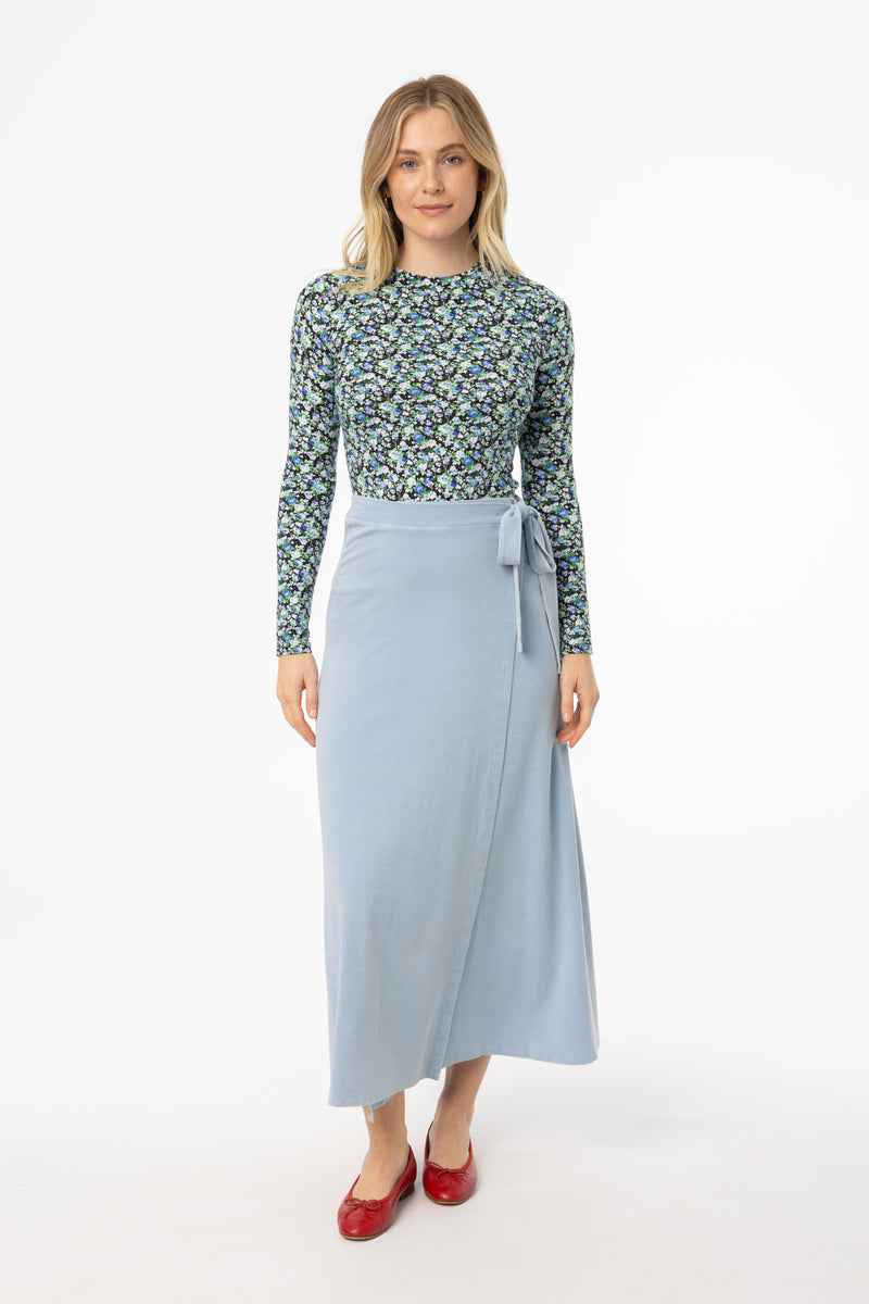 Blue Wash Stretch Wrap Maxi Skirt