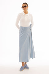 Blue Wash Stretch Wrap Maxi Skirt