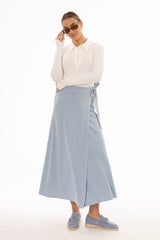 Blue Wash Stretch Wrap Maxi Skirt