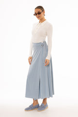 Blue Wash Stretch Wrap Maxi Skirt
