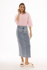 Blue Wash Two Tone Denim Maxi Skirt