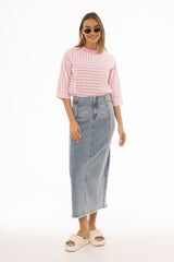 Blue Wash Two Tone Denim Maxi Skirt