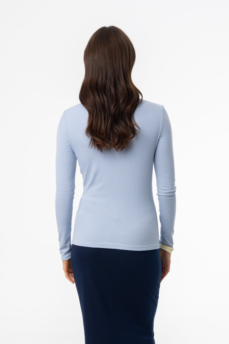 Blue Waved Round Neck Long Sleeve T Shirt