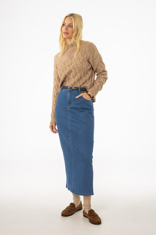 Blue Zipper Denim Maxi Skirt