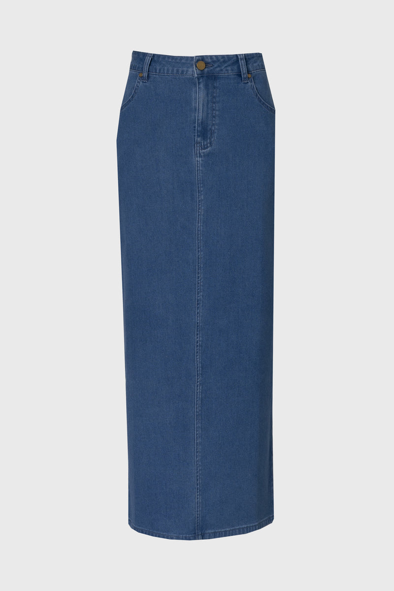 Blue Zipper Denim Maxi Skirt