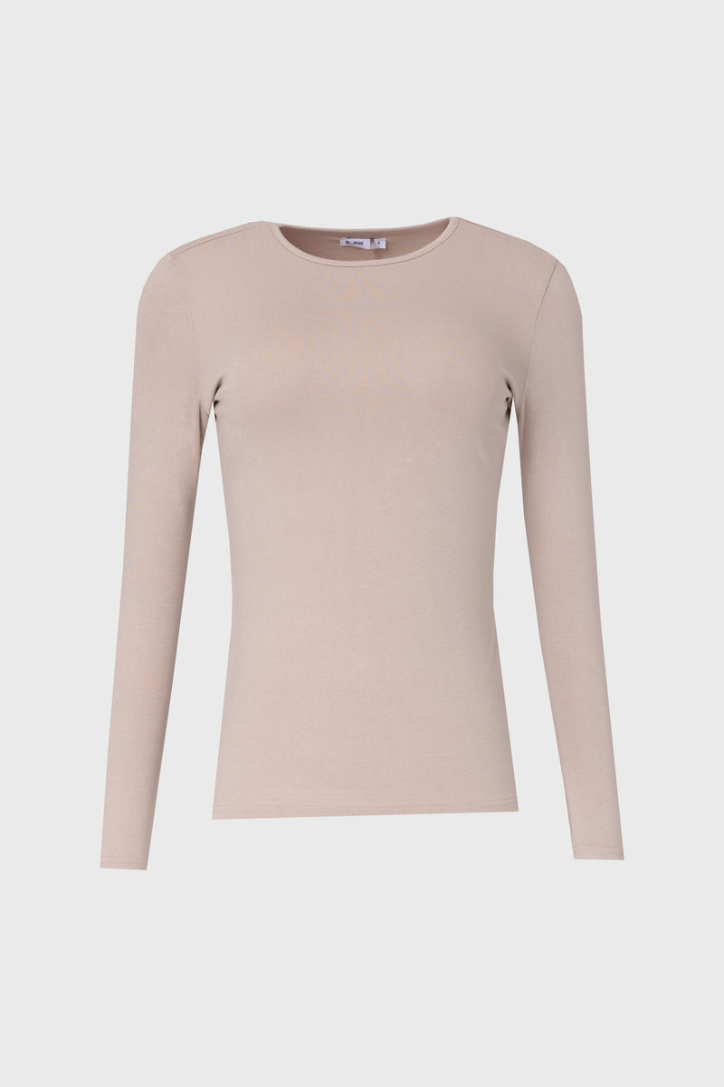 Bone Solid Round Neck Long Sleeve T-Shirt