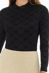 Bow Print Mesh Mock Neck Top