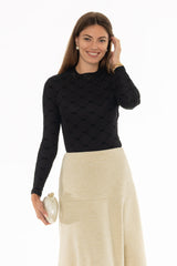 Bow Print Mesh Mock Neck Top