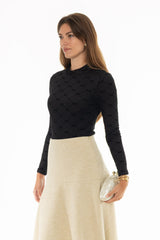 Bow Print Mesh Mock Neck Top
