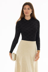 Bow Print Mesh Mock Neck Top