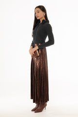 Bronze Slinky Pleated Maxi Skirt