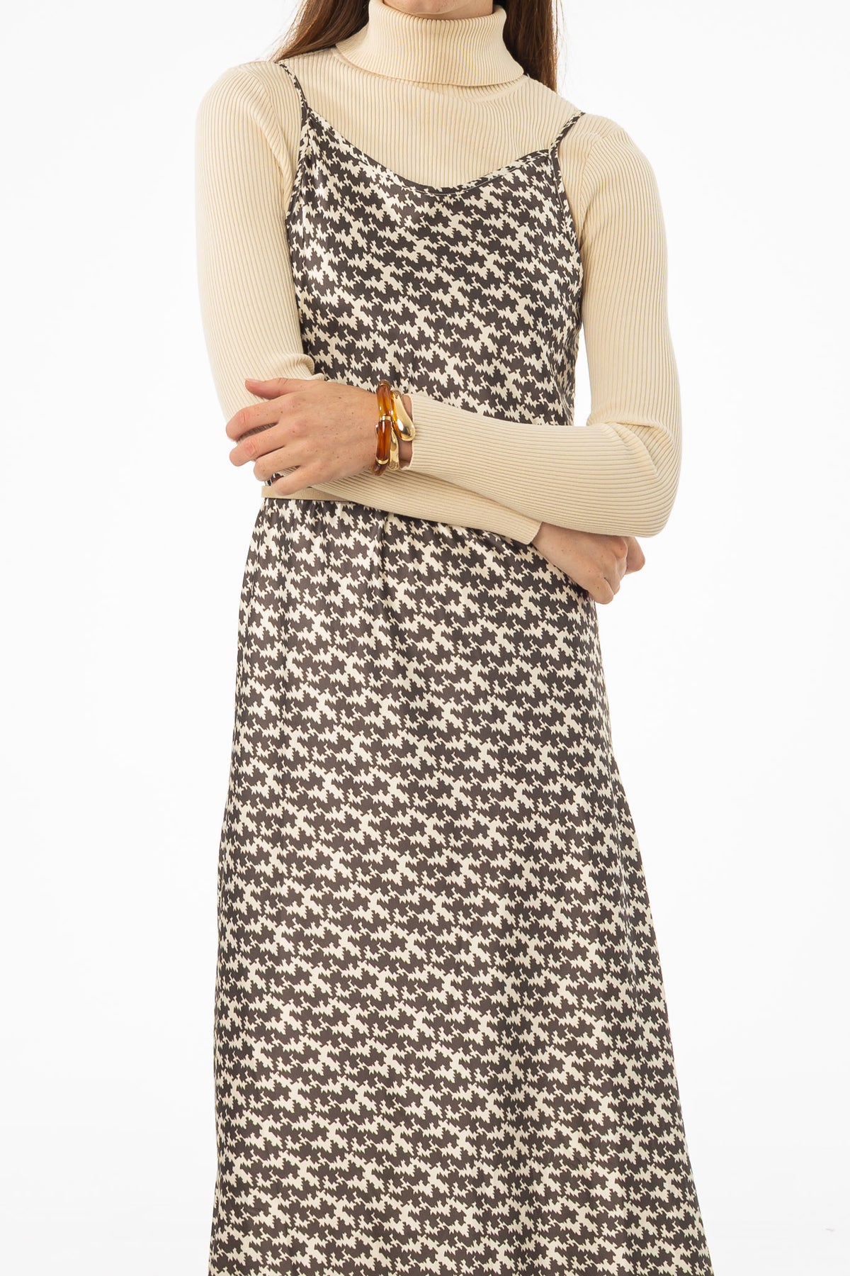 Brown & Cream Houndstooth Printed Slip Dress – BLANK
