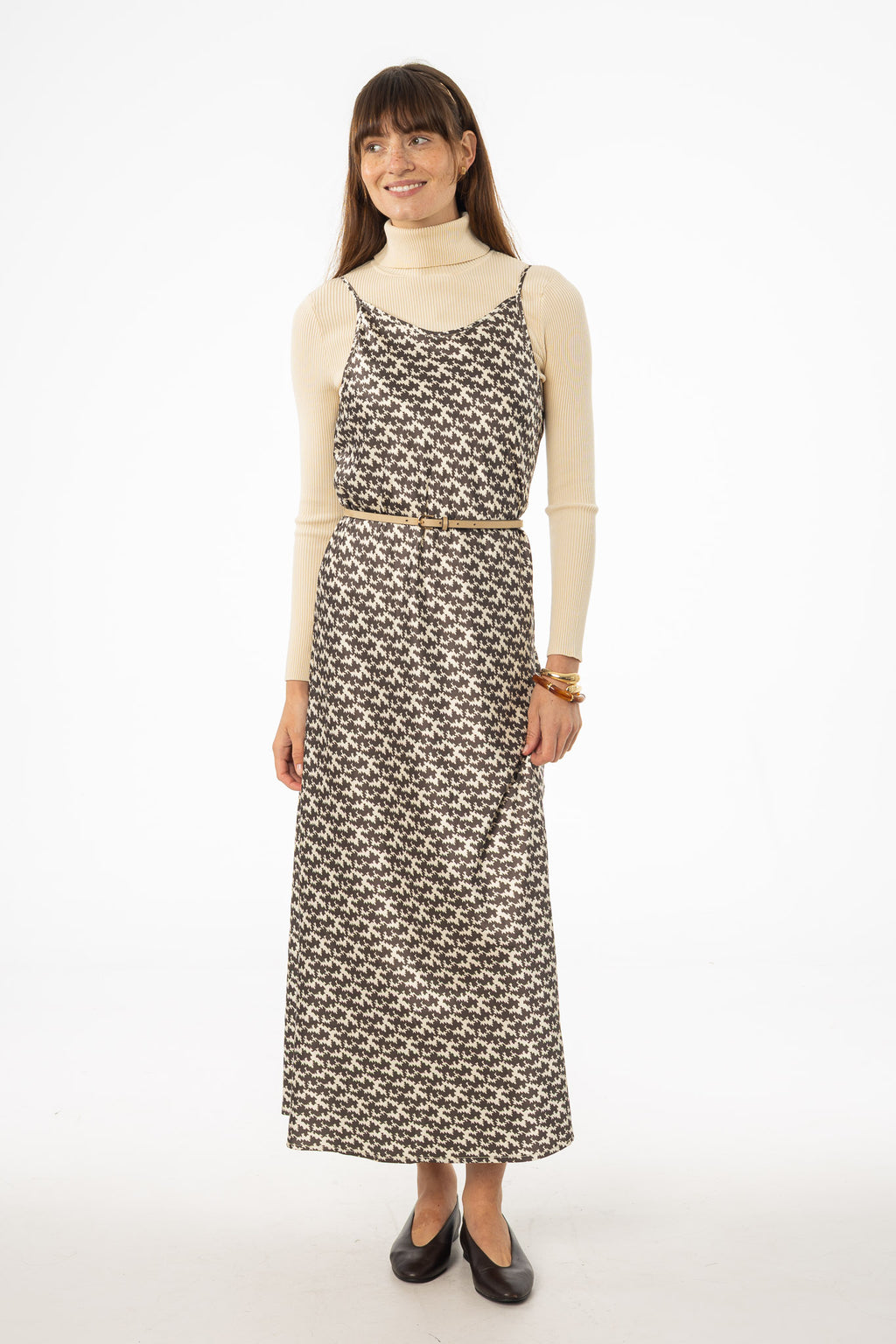 Brown & Cream Houndstooth Printed Slip Dress – BLANK Brown & Cream Houndstooth Printed Slip Dress – BLANK