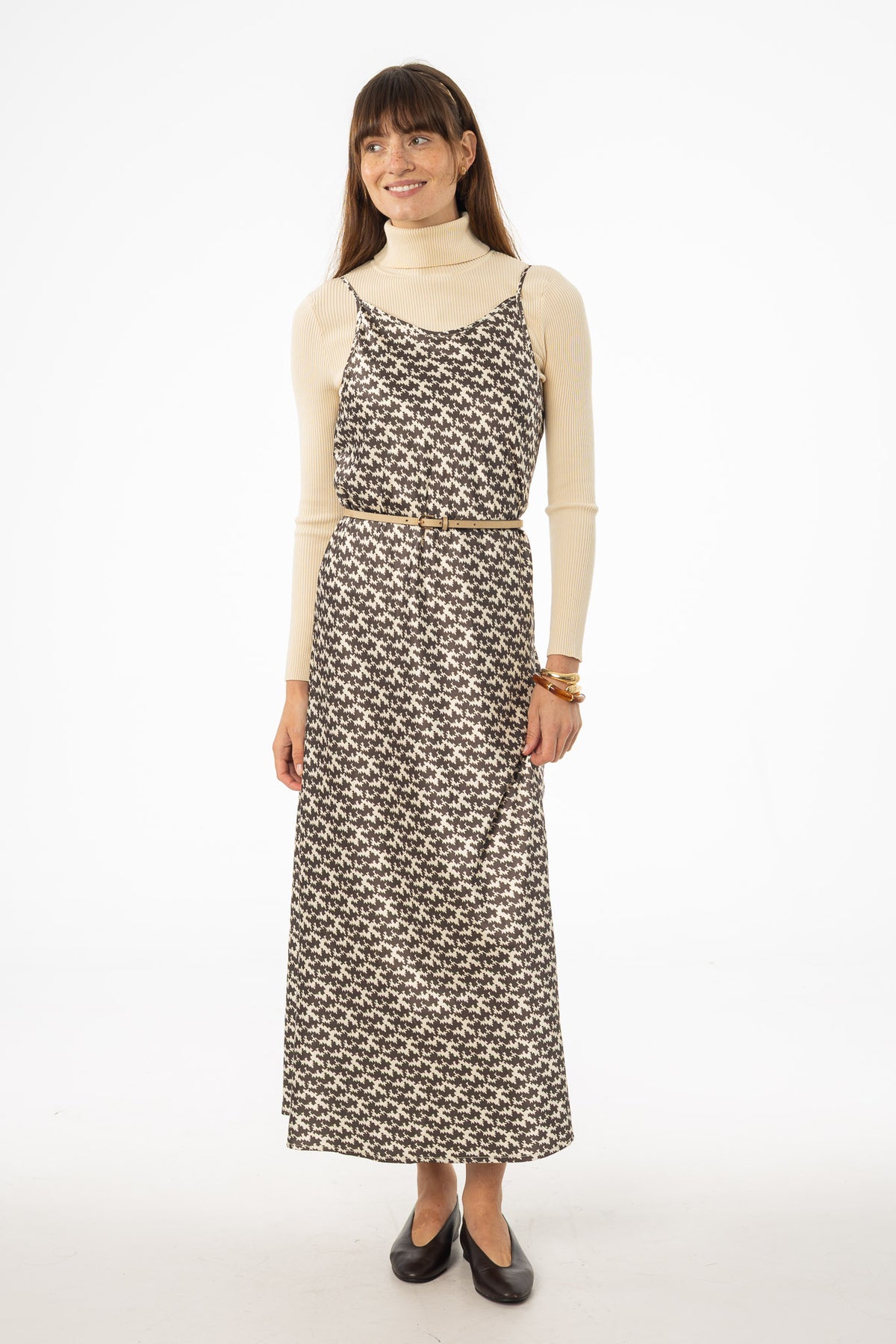 Brown & Cream Houndstooth Printed Slip Dress BLANK Brown & Cream Houndstooth Printed Slip Dress BLANK