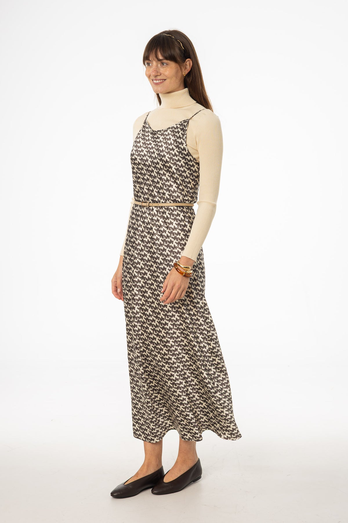 Brown & Cream Houndstooth Printed Slip Dress – BLANK