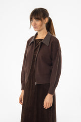Brown Contrast Collar Zipper Sweater