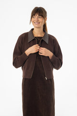 Brown Contrast Collar Zipper Sweater