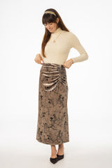 Brown Floral Crushed Velvet Skirt