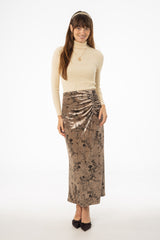 Brown Floral Crushed Velvet Skirt
