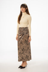 Brown Floral Crushed Velvet Skirt