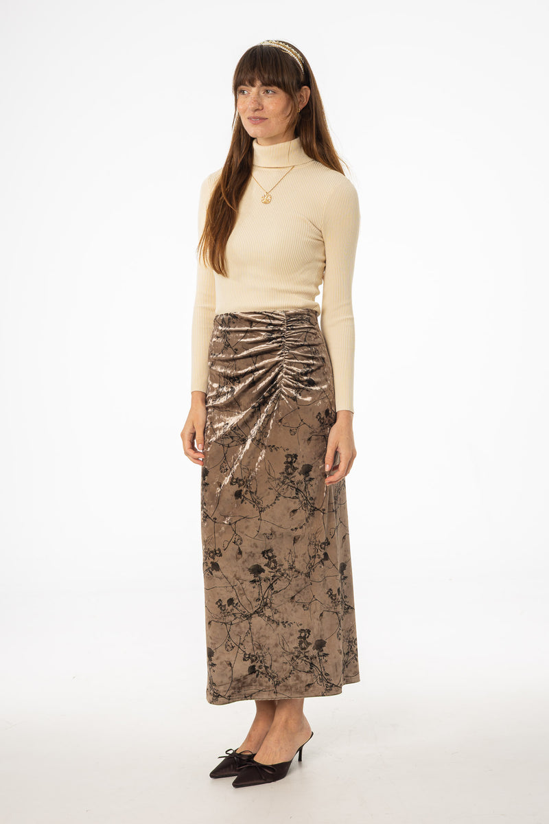 Brown Floral Crushed Velvet Skirt