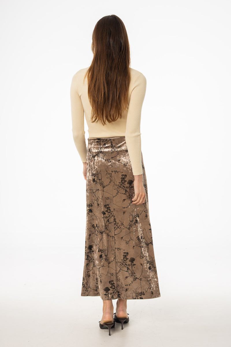 Brown Floral Crushed Velvet Skirt