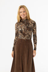 Brown Animal Print Mock Neck Top