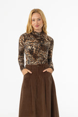 Brown Animal Print Mock Neck Top