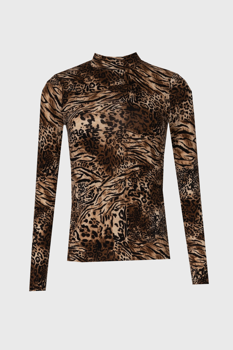 Brown Animal Print Mock Neck Top