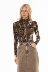 Brown Animal Printed Mock Neck Top