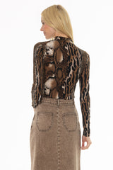 Brown Animal Printed Mock Neck Top