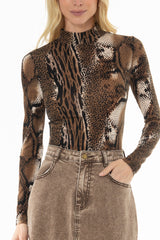Brown Animal Printed Mock Neck Top