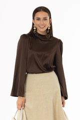 Brown Bell Sleeve Satin Top