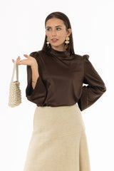 Brown Bell Sleeve Satin Top