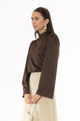 Brown Bell Sleeve Satin Top