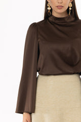Brown Bell Sleeve Satin Top