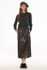 Brown Belted Faux Leather Midi Skirt
